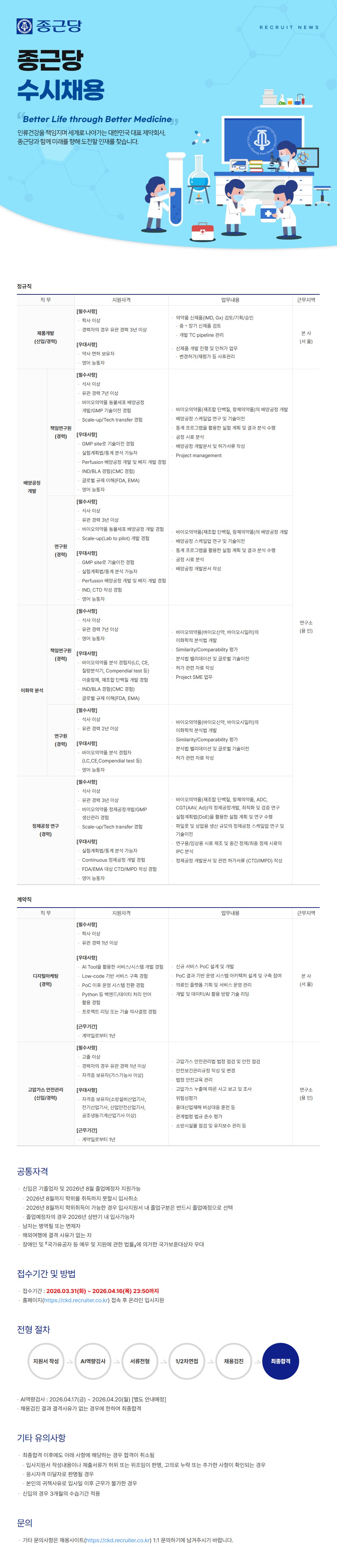 종근당 종근당 수시채용 채용공고