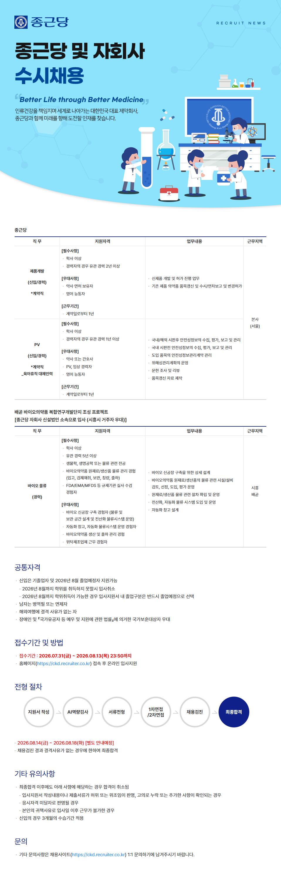 종근당 종근당 및 자회사 수시채용 (제품개발·PV·바이오물류) 채용공고