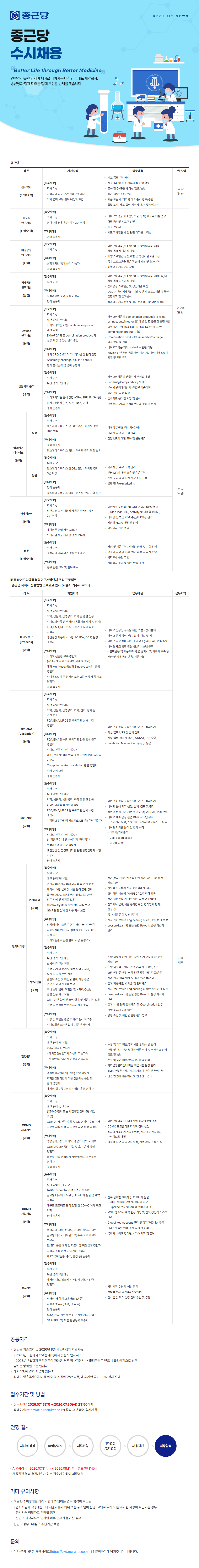 종근당 종근당 수시채용 채용공고